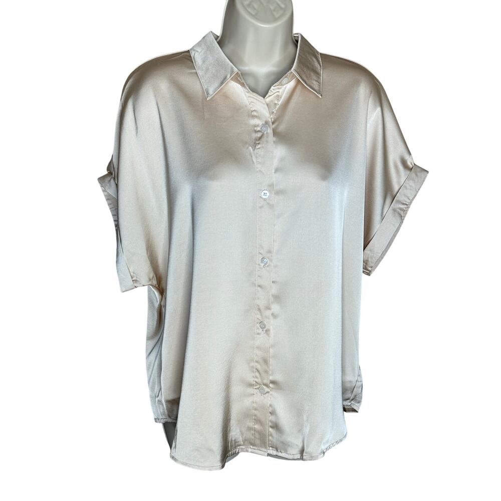 Cupshe Beige Satin Short Sleeve Blouse L NWT